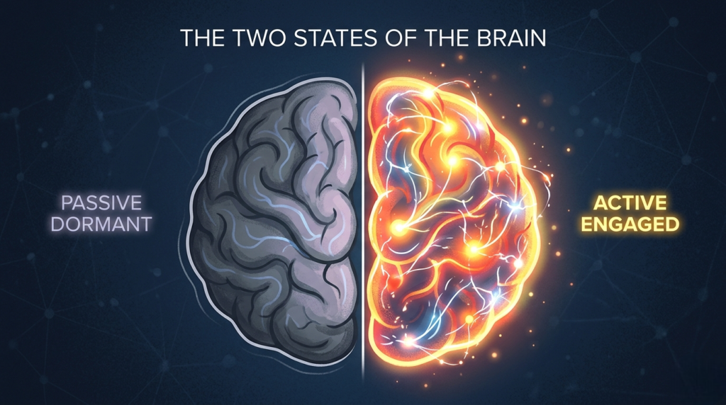 Diagram showing brain activity during passive AI use versus active AI engagement"