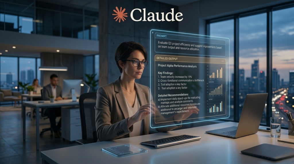 Woman using Claude AI prompting techniques on laptop