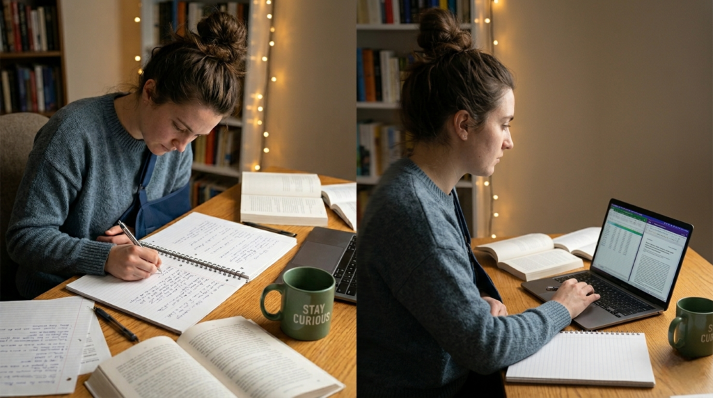 Person writing initial ideas on paper before using AI — the think-first approach to AI prompting