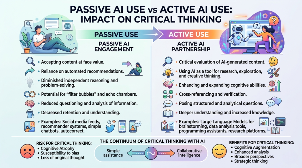 Infographic comparing passive and active AI use and their effects on critical thinking
