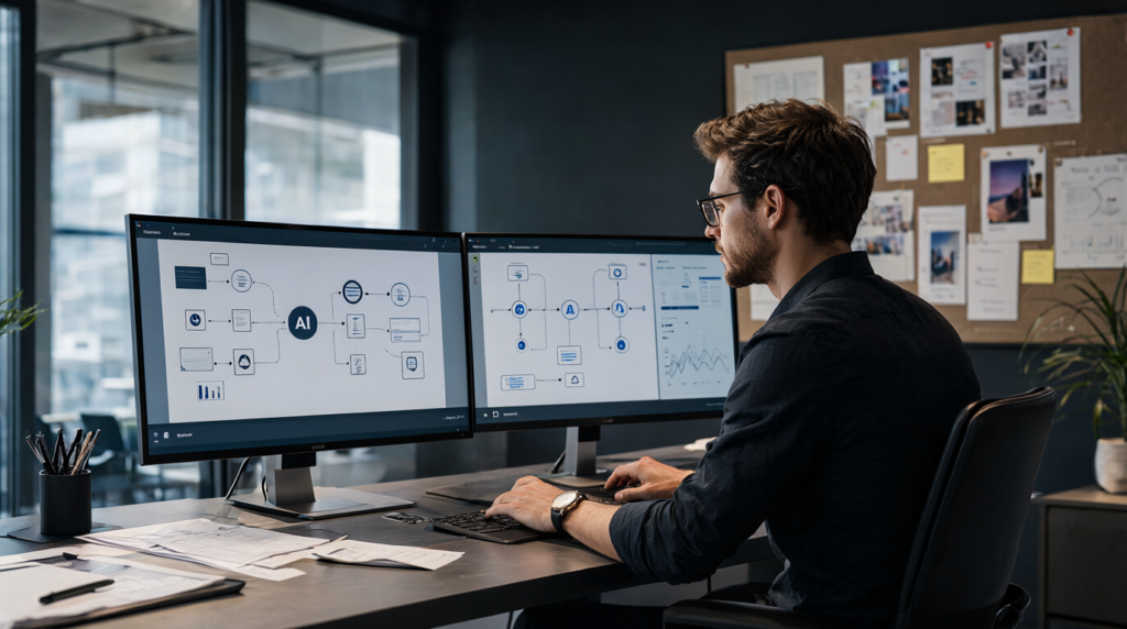 Marketing professional reviewing an AI-assisted workflow at a modern workstation.