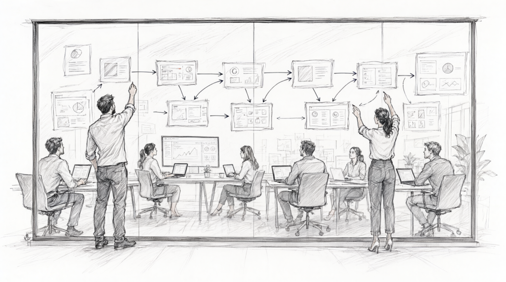 Marketing operations team mapping stages of an AI-assisted workflow.
