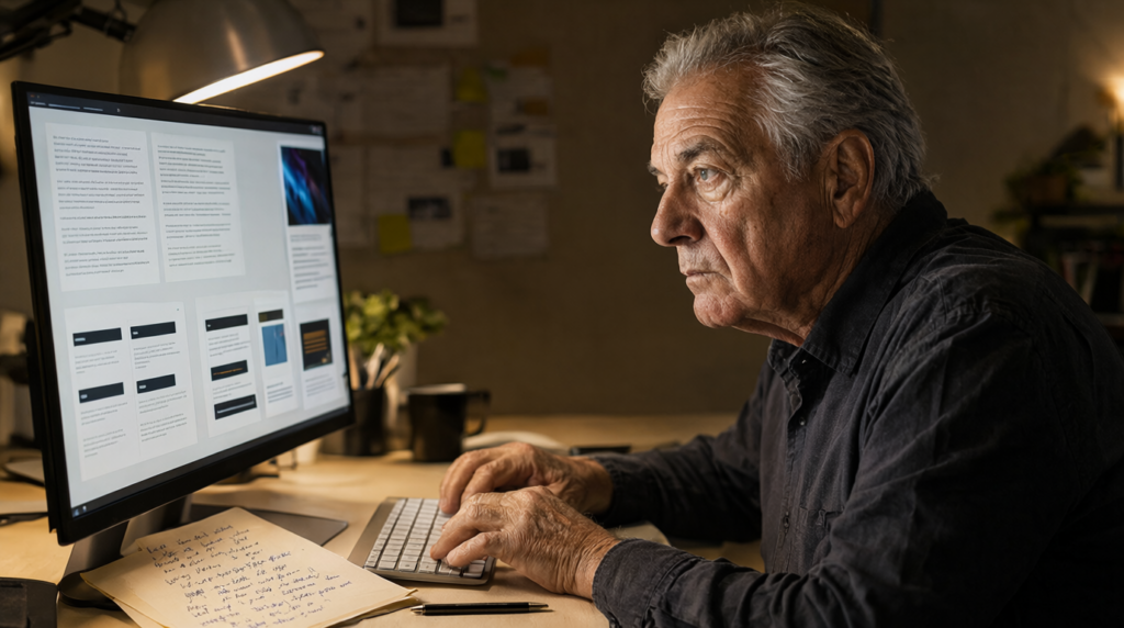 Marketing professional reviewing AI-generated content on a computer.